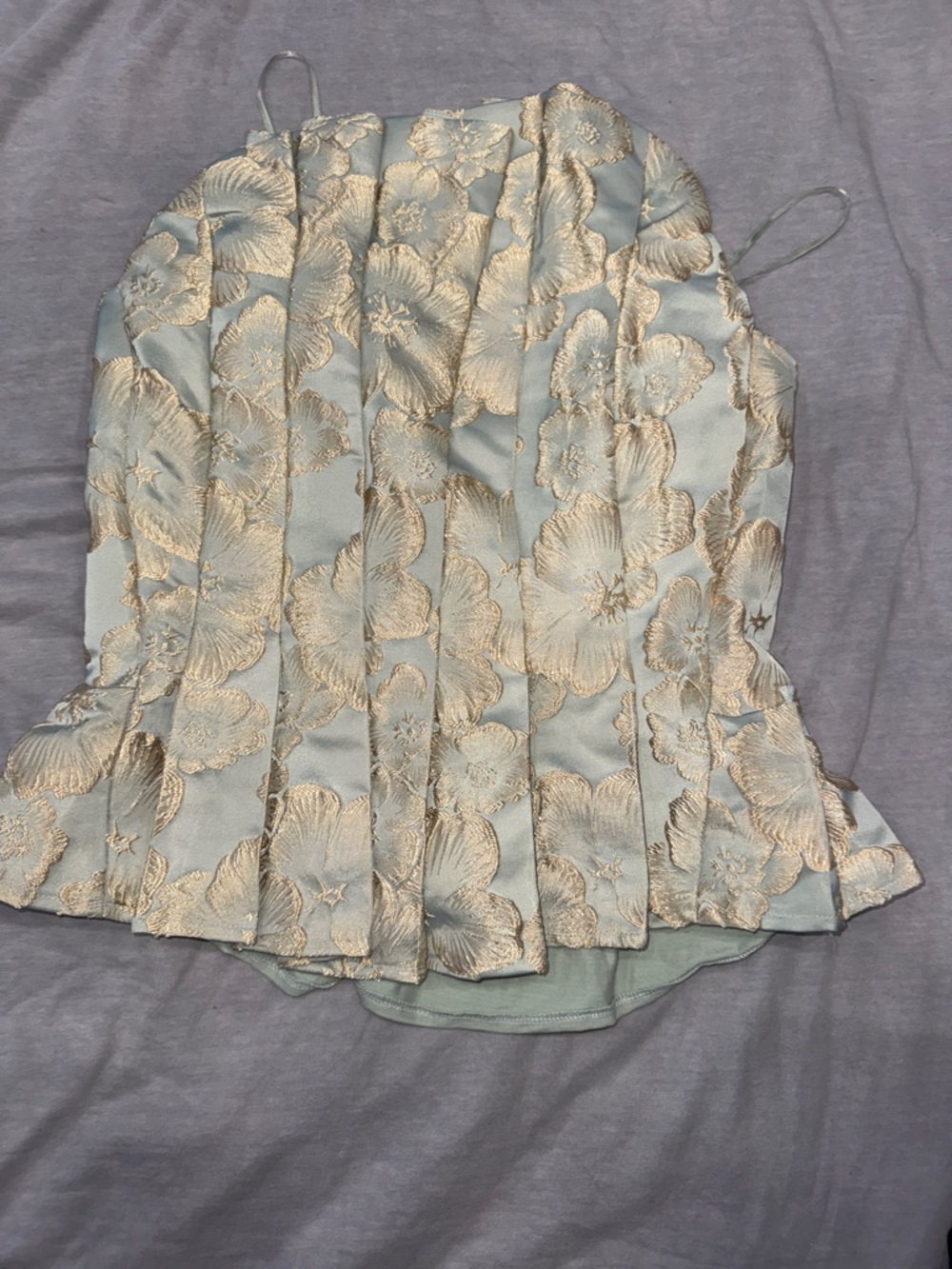 Porridge- Strapless Pale Sage Floral Jacquard Peplum Top - Size Small - Picture 4 of 8